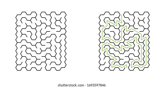 A 10x10 rectangular maze with hex cells and solution