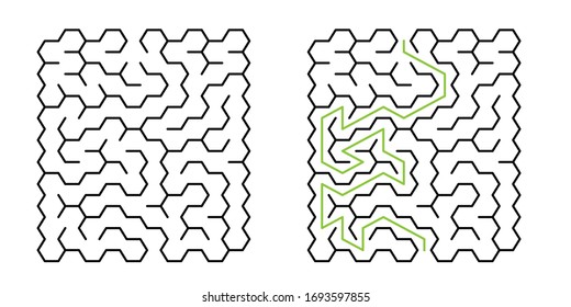 A 10x10 rectangular maze with hex cells and solution