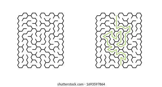 Un laberinto rectangular de 10x10 con células hexagonales y solución