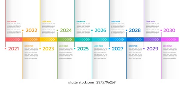 Folleto informativo de la cronología de los 10 años. Hito, presentación de negocios y Hoja de ruta. Ilustración vectorial.