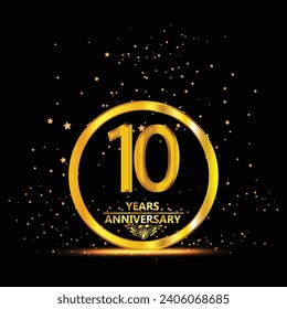 10years anniversary celebration logotype. anniversary logo with shiny golden color isolated on black background, vector design for celebration, and greeting card