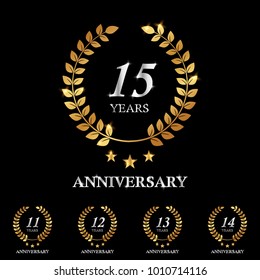 11 , 12 , 13 , 14 , 15 years gold anniversary celebration simple logo, isolated on dark background