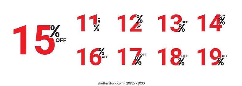 11%, 12%, 13%, 14%, 15%, 16%, 17%, 18%, 19% Discount. Sale tags set vector badges template. 
    Sale offer price sign. Special offer symbol. Discount promotion. Discount badge shape. Vector design