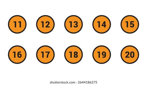 11, 12, 13, 14, 15, 16, 17, 18, 19 and 20 Number icon set vector Orange Circle with Black design