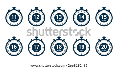 11, 12, 13, 14, 15, 16, 17, 18, 19 and 20 min clock icon time vector illustration design symbol