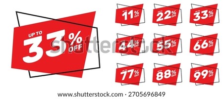 up to 11 22 33 44 55 66 77 88 99 percent off, vector advertising banner or season discount collection