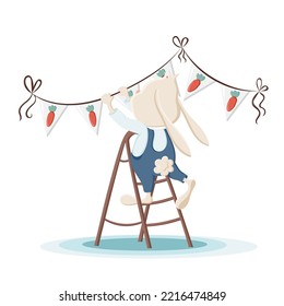 11 - 25 Cute bunny decorates wall with carrot garland, stands on ladder. Christmas, New Year and Easter coloured vector illustration. Collection of rabbits in cartoon style. Humour