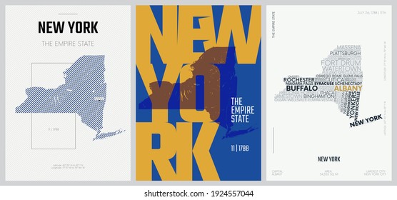 11 of 50 sets, US State Posters with name and Information in 3 Design Styles, Detailed vector art print New York map