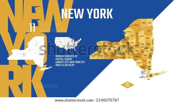11\
of 50 states of the United States, divided into counties with\
territory nicknames, Detailed vector New York Map with name and\
date admitted to the Union, travel poster and\
postcard