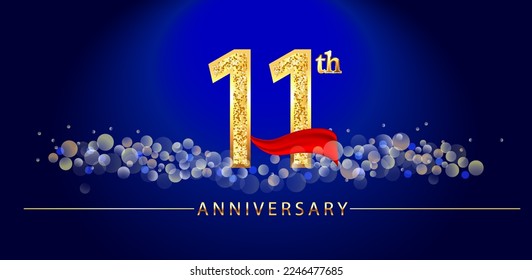 11 anniversary celebration. 11th anniversary celebration. 11 year anniversary celebration logo with glitter, confetti, red ribbon and blue background.