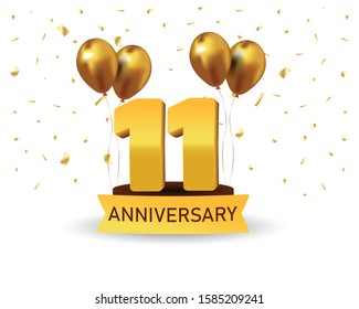 11 Anniversary gold numbers with golden confetti. Celebration 10th anniversary event party template.