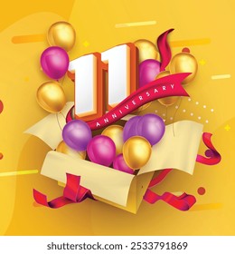 11 anniversary logo template on a gift box with a yellow background and balloons. 11st anniversary celebration featuring a red ribbon and balloons. Gift box concept for an anniversary invitation card.