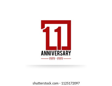 11 Anniversary logotype, simple red colored font number inside square isolated on white background