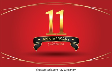 11 Anniversary with red background. 11th Golden anniversary banner. red anniversary celebration. Golden anniversary with ribbon