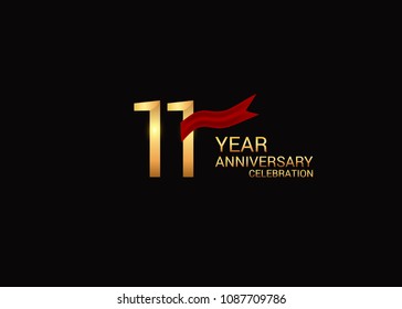 11 anniversary vector design golden colored with red ribbon isolated on black background