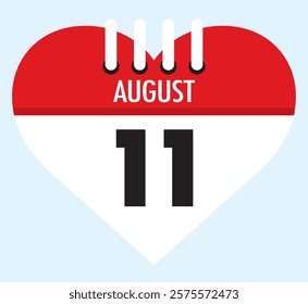 11 August calendar icon red heart shape on light sky blue color background, calendar vector symbol for the month of August.