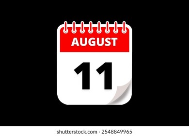 11 August calendar icon text page monthly web design on red, white and black background vector, icon, or illustration with the month of August 11