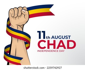 11 August. Vector illustration of Happy Independence Day greeting card for the country of Chad with clenched fists and a flag ribbon. Use for banners on a white background.