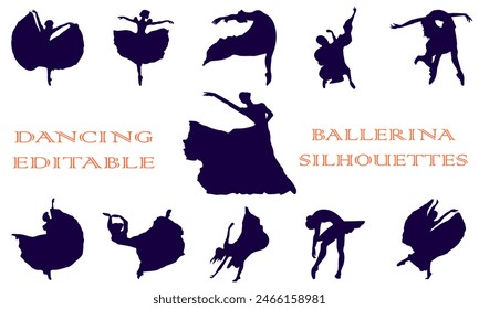 11 ballerina silhouette isolated over white.Dancing flowing ballerina silhouette eps10 graphic vector icon isolated over white background.beautiful dancing women vector symbol set for design.