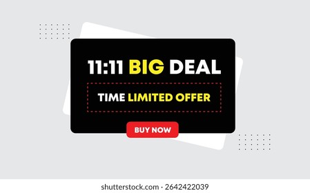 11 to 11 big sale time limited offer buy now editable vector art illustration web banner icon badge black yellow white red shapes elements light gray abstract background