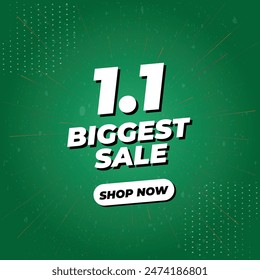 1.1 Biggest Sale 3D Text Vector Illustration Banner With Background Effects. Social Media Post Template Isolated on Gradient Green Colour. January Biggest Sale Offer, Campaign or Promotion Banner.