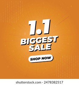 1.1 Biggest Sale 3D Text Vector Illustration Banner With Background Effects. Social Media Post Template Isolated on Gradient Orange Colour. January Biggest Sale Offer, Campaign or Promotion Banner.