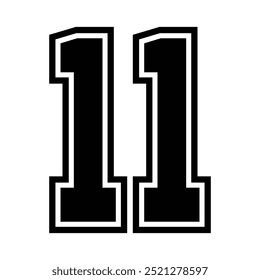 11 Classic Vintage Sport Jersey  Uniform numbers in black with a black outside contour line number on white background for American football, Baseball and Basketball or soccer for shirt