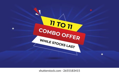 Oferta combinada de 11 a 11 mientras se agotan las existencias Último Web editable Anuncio Plantilla de Arte vectorial Diseño de la insignia Etiqueta de ícono Blanco Amarillo Rojo Gradiente Formas Luz azul Sol Fondo de negocios abstracto