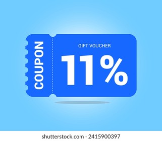 11% coupon promotion sale. Eleven percent Vector Gift Voucher. Blue discount, lucky ticket, special offer promo. Web, shopping label, percent sign. Special price offers.