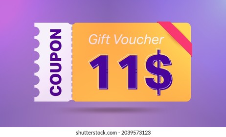 11$ coupon promotion sale for website, internet ads, social media. Big sale and super sale coupon code $11 discount gift voucher with coupon vector illustration summer offer ends weekend holiday