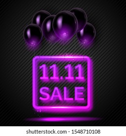 11. 11 creative poster with violet neon sign and flying black air balloons. Single's day poster. Vector illustration for your graphic design.