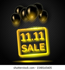 11. 11 creative poster with yellow neon sign and flying black air balloons. Single's day poster. Vector illustration for your graphic design.