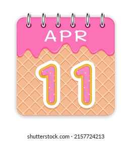 11 day of the month. April. Waffle cone calendar with melted ice cream. 3d daily icon. Date. Week Sunday, Monday, Tuesday, Wednesday, Thursday, Friday, Saturday. White background. Vector illustration.