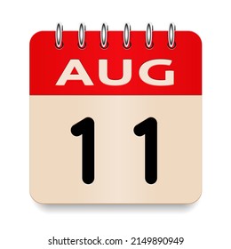 11 day of the month. August. Flip old formal calendar. 3d daily icon. Date. Week Sunday, Monday, Tuesday, Wednesday, Thursday, Friday, Saturday. Cut paper. White background. Vector illustration.