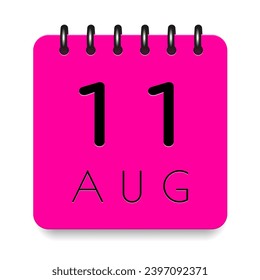 11 day of the month. August. Pink calendar daily icon. Black letters. Date day week Sunday, Monday, Tuesday, Wednesday, Thursday, Friday, Saturday. Cut paper. White background. Vector illustration.