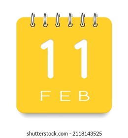11 day of the month. February. Cute yellow calendar daily icon. Date day week Sunday, Monday, Tuesday, Wednesday, Thursday, Friday, Saturday. Cut paper. White background. Vector illustration.