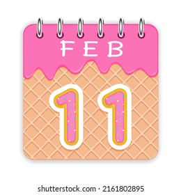 11 day of a month. February. Waffle cone calendar with melted ice cream. 3d daily icon. Date. Week Sunday, Monday, Tuesday, Wednesday, Thursday, Friday, Saturday. White background Vector illustration