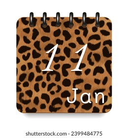 11 day of the month. January. Leopard print calendar daily icon. White letters. Date day week Sunday, Monday, Tuesday, Wednesday, Thursday, Friday, Saturday.  White background. Vector illustration.
