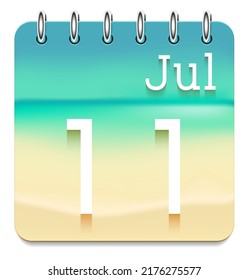 11 day of the month. July. Marine view  calendar daily icon. Date day week Sunday, Monday, Tuesday, Wednesday, Thursday, Friday, Saturday. White text. Sea background. Vector illustration. Sea coast.