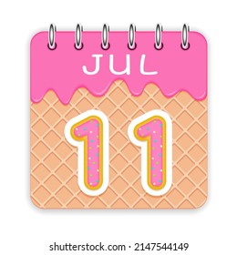 11 day of the month. July. Waffle cone calendar with melted ice cream. 3d daily icon. Date. Week Sunday, Monday, Tuesday, Wednesday, Thursday, Friday, Saturday. White background. Vector illustration.