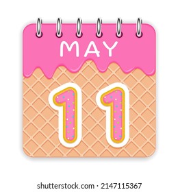 11 day of the month. May. Waffle cone calendar with melted ice cream. 3d daily icon. Date. Week Sunday, Monday, Tuesday, Wednesday, Thursday, Friday, Saturday. White background. Vector illustration.