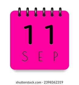 11 day of the month. September. Pink calendar daily icon. Black letters. Date day week Sunday, Monday, Tuesday, Wednesday, Thursday, Friday, Saturday. Cut paper. White background. Vector illustration.