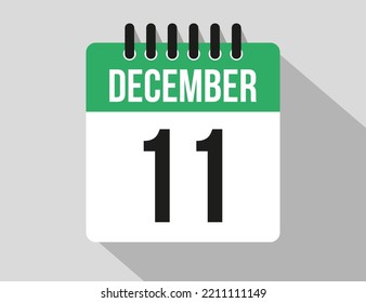 11 December calendar vector icon. Green December date for the days of the month and week