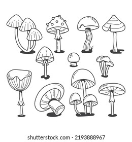 11 different mushrooms drawn in doodle style. Black and white line art illustration in a hand-drawn style.
Pictures are great to use as a design element for prints, posters, stickers or labels