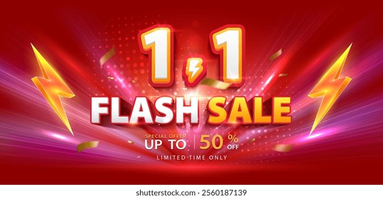 1.1 discount flash sale background. Vector illustration for shopping day, online shopping, special Offer coupon, voucher, banner template, websites, social media advertising.