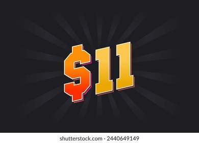 11 Dollar American Money vector text symbol. $11 USD United States Dollar stock vector