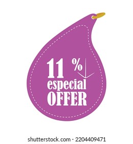 11 % especial offer vector illustration. Eleven percent discount tag. Rounded shape. Down arrow. Dotted line. Purple color. White text. White background.