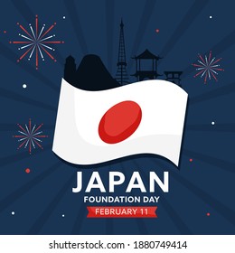 11 February, Japan Foundation Day Poster Design With National Flag, Silhouette Japanese Monuments And Fireworks On Blue Rays Background.