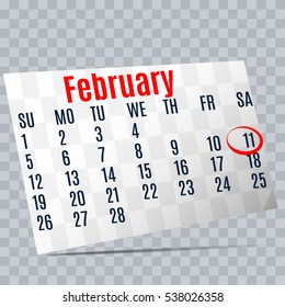 11  February . year 2017. Calendar on transparent background 