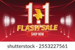 1.1 Flash hot fire Sale banner January shopping day promotion template on red background.Special offer shop now for post social media, website, campaign.Vector illustration.